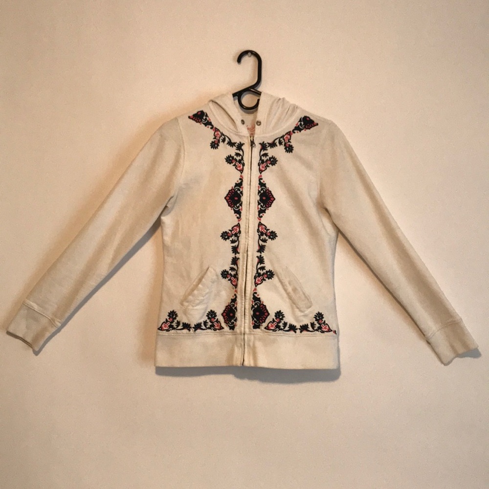 Lucky Brand White Embroidered Zip Hoodie